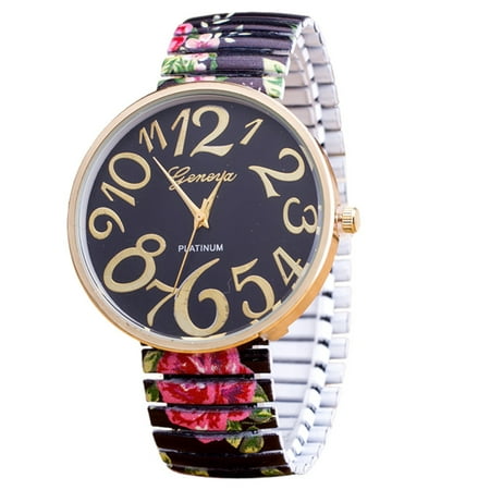 Big Face Easy to Read Numbers Stretch Band Black Flower Rose Design (Best Big Face Watches)