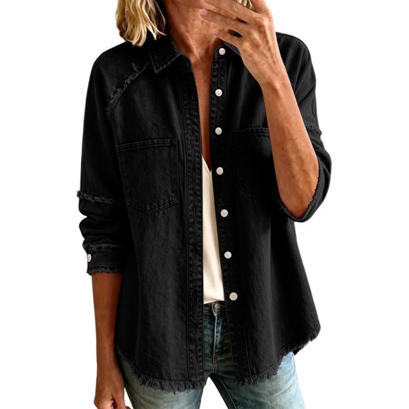 Denim Jackets for Women Tassel Brushed Long Sleeve Button Up Casual Open Front Jean Coat with Pockets