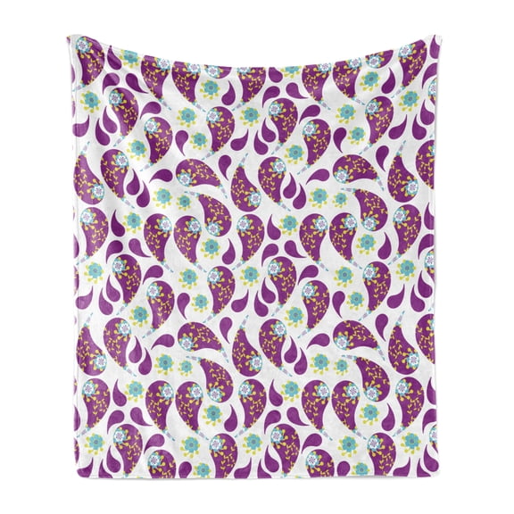 Paisley Soft Flannel Fleece Throw Blanket, Pastel Abstract Oriental Leaf Motifs Daisy Petals and Swirly Scrolls, Cozy Plush for Indoor and Outdoor Use, 60" x 80", Purple Aqua and Green, by Ambesonne