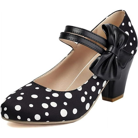 Women Polka Dot Mary Jane Bow Pumps Block Heels
