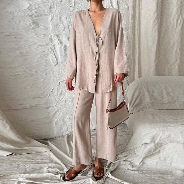 Conjunto de 2 piezas de pantalones de lino y algodón para mujer, camisa holgada con cuello en V y cordones, pantalones de pierna ancha, trajes sólidos para verano, 2024