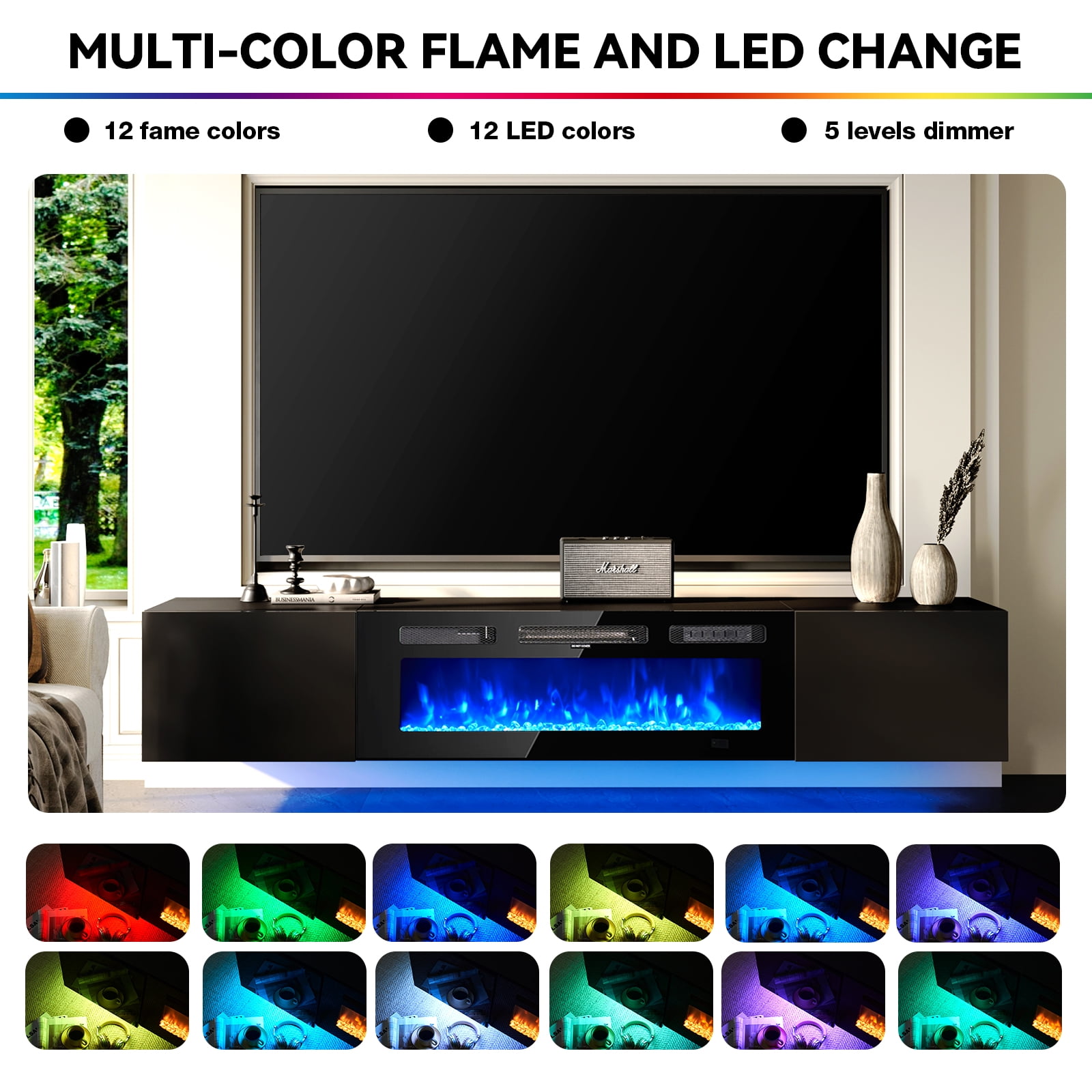 Easoger Floating TV Stand with 36" Electric Fireplace, Wall Mounted Fireplace Entertainment Center with Storage for TVs Up to 80", Adjustable Partition, Black/White (All Black)