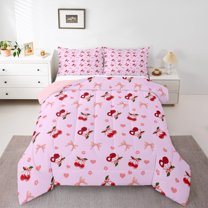 Feelyou Kawaii Bowknot Cherry Full Size Comforter Sets for Kids, Dreamy Cherry Blossoms Bedding Comforter Set, Cartoon Love Heart Reversible Bedding Sets, Microfiber Bedroom Decor, 3 Pieces