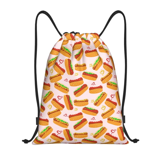 Xecao Hot Dog In Heart Pattern Sports Drawstring Backpack - String Swim Gym Bag with Wet Proof Pocket for Women&Men-Medium