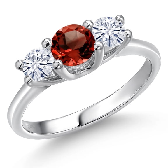 Gem Stone King 14K White Gold Red Garnet & White Moissanite 3-Stone Engagement Ring | 1.01 Cttw | Round 5MM and 4MM | Three Stone Wedding Anniversary Promise Ring for Women (Size 8)