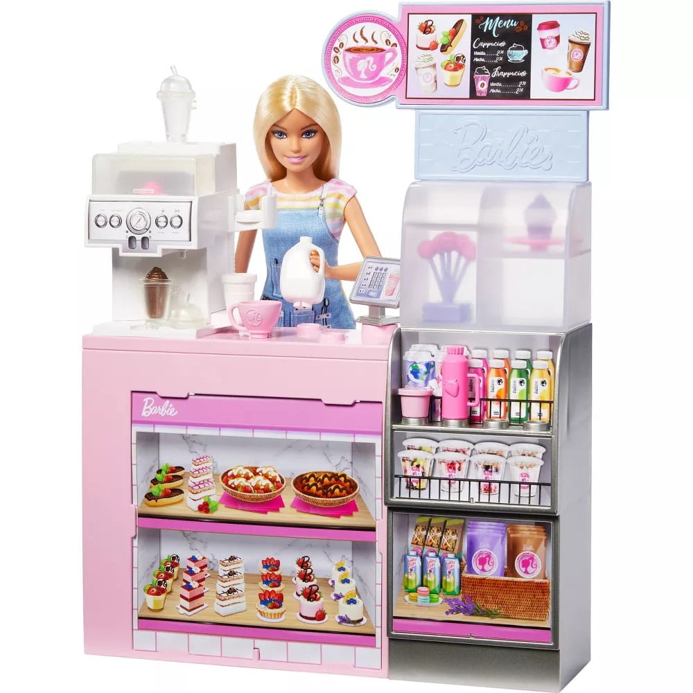 Barbie Coffee Break Set with Barista Blonde Doll and More than 12 Accessories, Including Coffee Machine/Smoothie, Food, Cups and Much More, HXN94