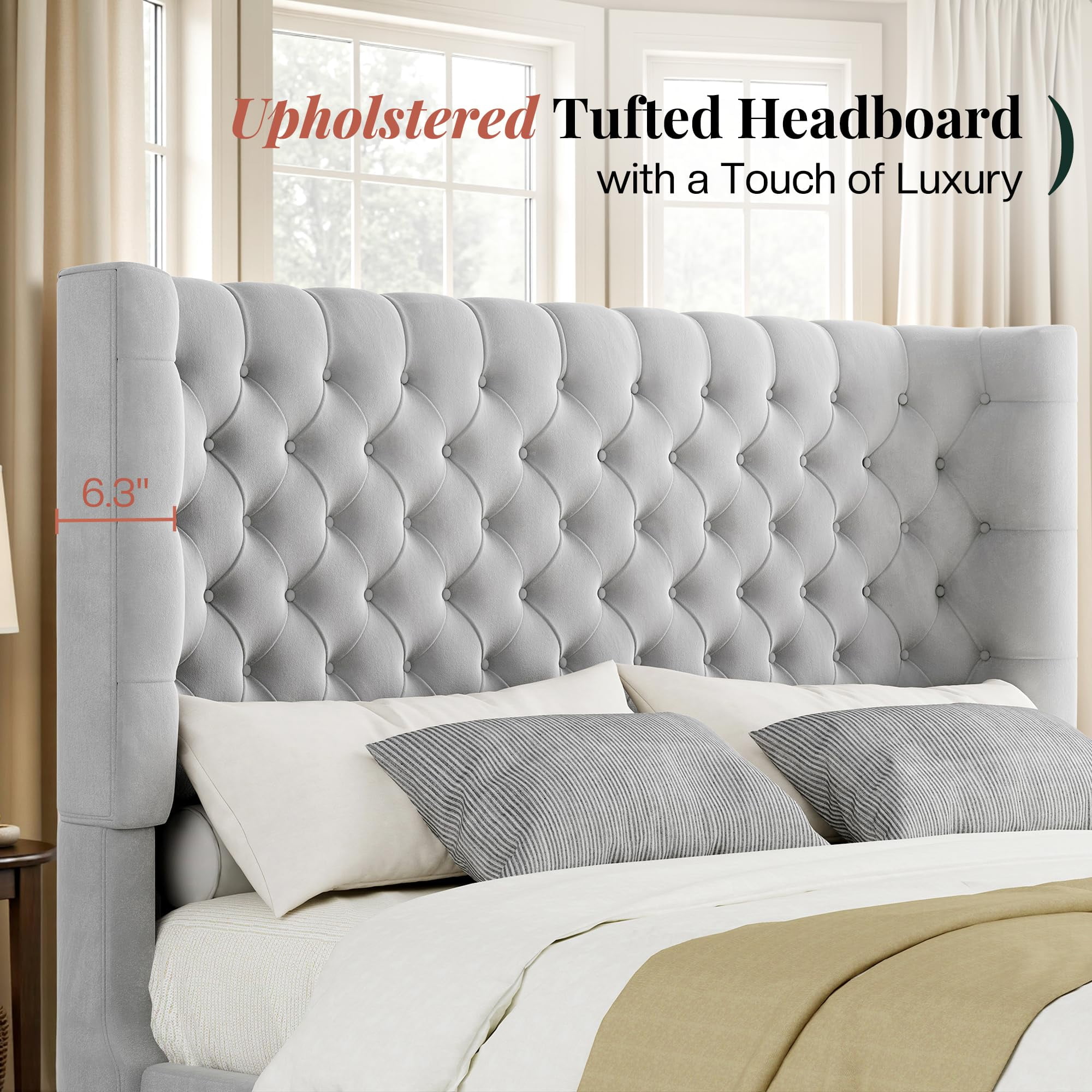 Amerlife King Bed Frame with 49” Upholstered Wingback Headboard, Noise-Free Platform Bed with Steel Frame and Slip-Resistant Edges, Light Grey