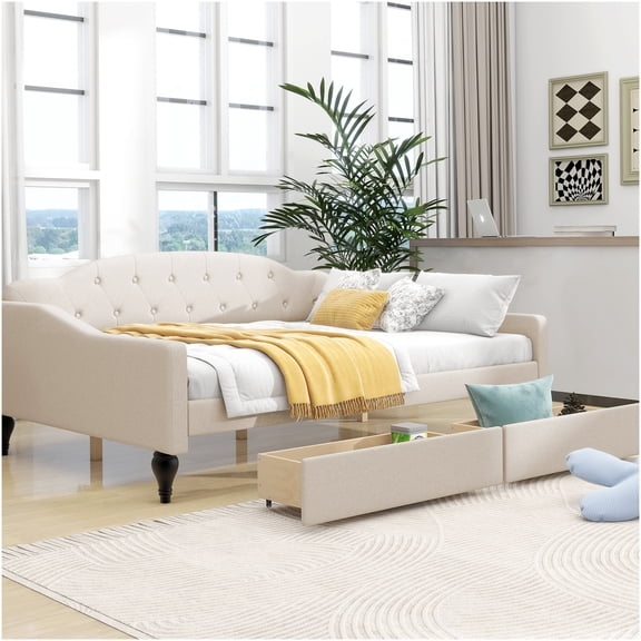 Full Size Upholstered Tufted Daybed with Two Drawers, Beige