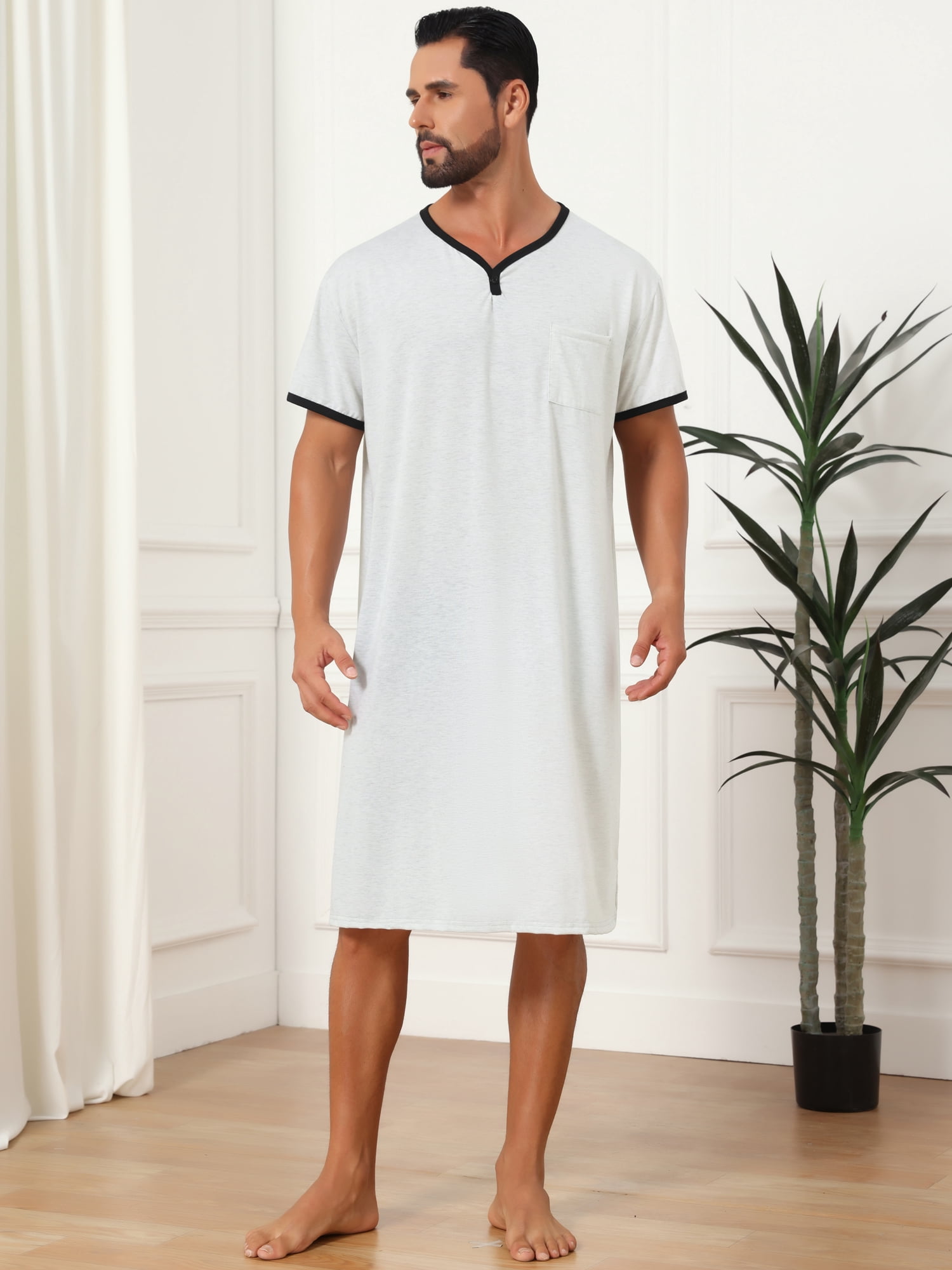 DARING DIVA Men's V-Neck Colorblock Trim Short Sleeve Chest Pocket Pajama M Light Gray