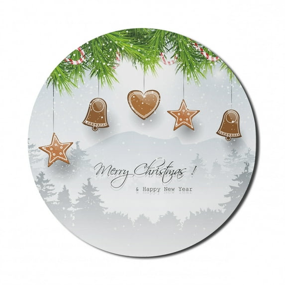 Christmas Mouse Pad for Computers, Gingerbread Cookies Hanging from Fir Branches Forest Silhouette, Round Non-Slip Thick Rubber Modern Gaming Mousepad, 8" Round, Pale Brown Pale Grey, by Ambesonne