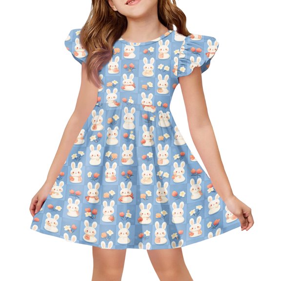 LNZGNM Easter Day Baby Girl Dresses Eggs Rabbit Print Short Sleeve Outfit for School, Blue