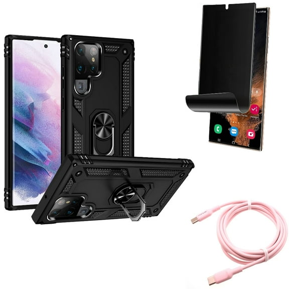 Hybrid Case Cover & Pink 10ft Long Cable & Privacy Screen Protector for Samsung Galaxy S22 Ultra (6.8") - Combo Metal Ring Kickstand & USB-C to Type-C PD Fast Charger Cord & TPU Film (Fingerprint)