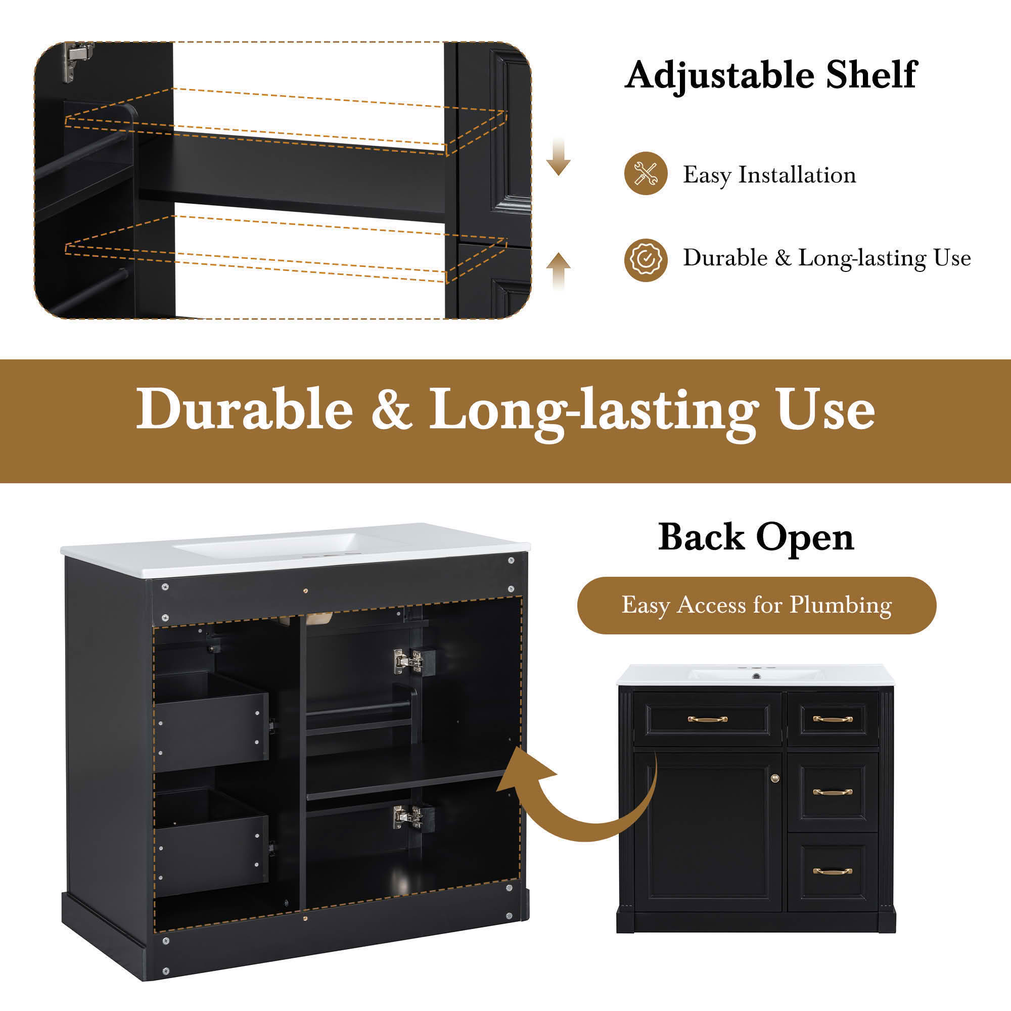 MAYEERTY 36" Bathroom Vanity with Sink 4 Drawers Soft-Close Door Adjustable Shelf Ceramic Basin Black