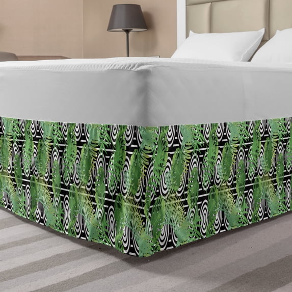 Aloha Bed Skirt, Geometric and Concentric Circles Background with Monstera Leaves, Elastic Bedskirt Dust Ruffle Wrap Around for Bedding Decor, 4 Sizes, Charcoal Grey Green, by Ambesonne