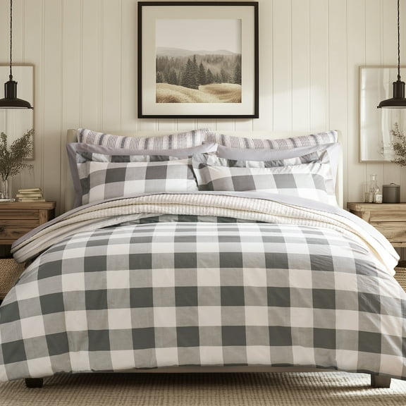 Levtex Home - Camden Duvet Cover Set - Twin/Twin XL Duvet Cover   Two Standard Pillowcases - Buffalo Check in Grey and Cream - Duvet Cover Size (66 x 88 in.) and Pillowcase Size (26 x 20 in. )