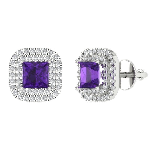 1.73 ct Screw-Back Stud Earrings for Women | 5mm Princess Cut Natural Amethyst | 18K White Gold