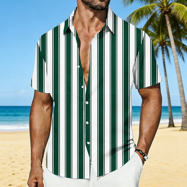 Ceisia Men's Vertical Stripe Short Sleeve Button Down Casual Shirt for Beach Vacation Green XXXXXL Gifts