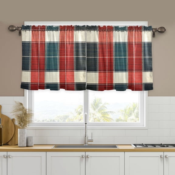 Yayeee Kitchen Curtains Tier Set of 2 Light Filtering 57"x24" Over Sink Window Panels, Vibrant Red Tartan Pattern