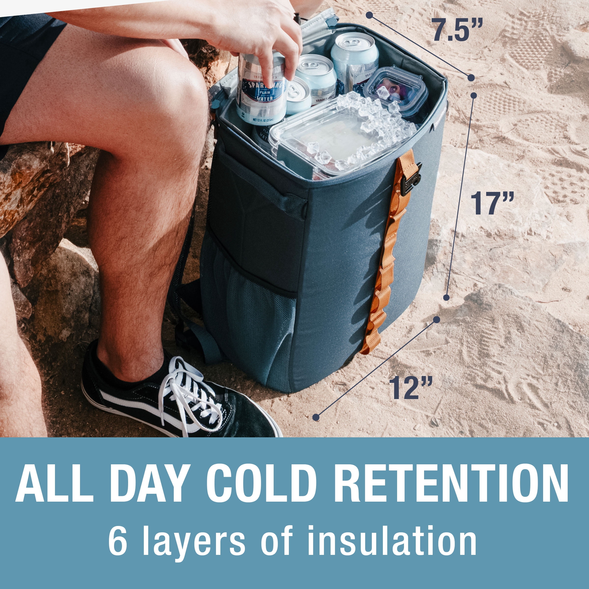 CleverMade Collapsible Backpack Cooler, Leakproof 24 Can Cooler - Ocean/Cognac