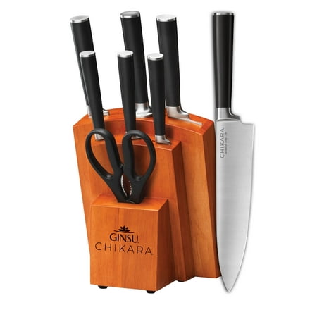 

Ginsu Gourmet Chikara Series Forged 8-Piece Japanese Steel Knife Set Cutlery Set with 420J Stainless Steel Kitchen Knives Finished Hardwood Block COK-KB-DS-008-3