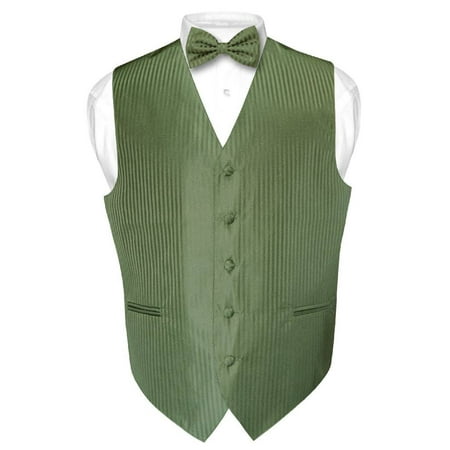 Olive Green Colour - Men's Dress Vest & BOWTie OLIVE GREEN Color Vertical Striped Design Set