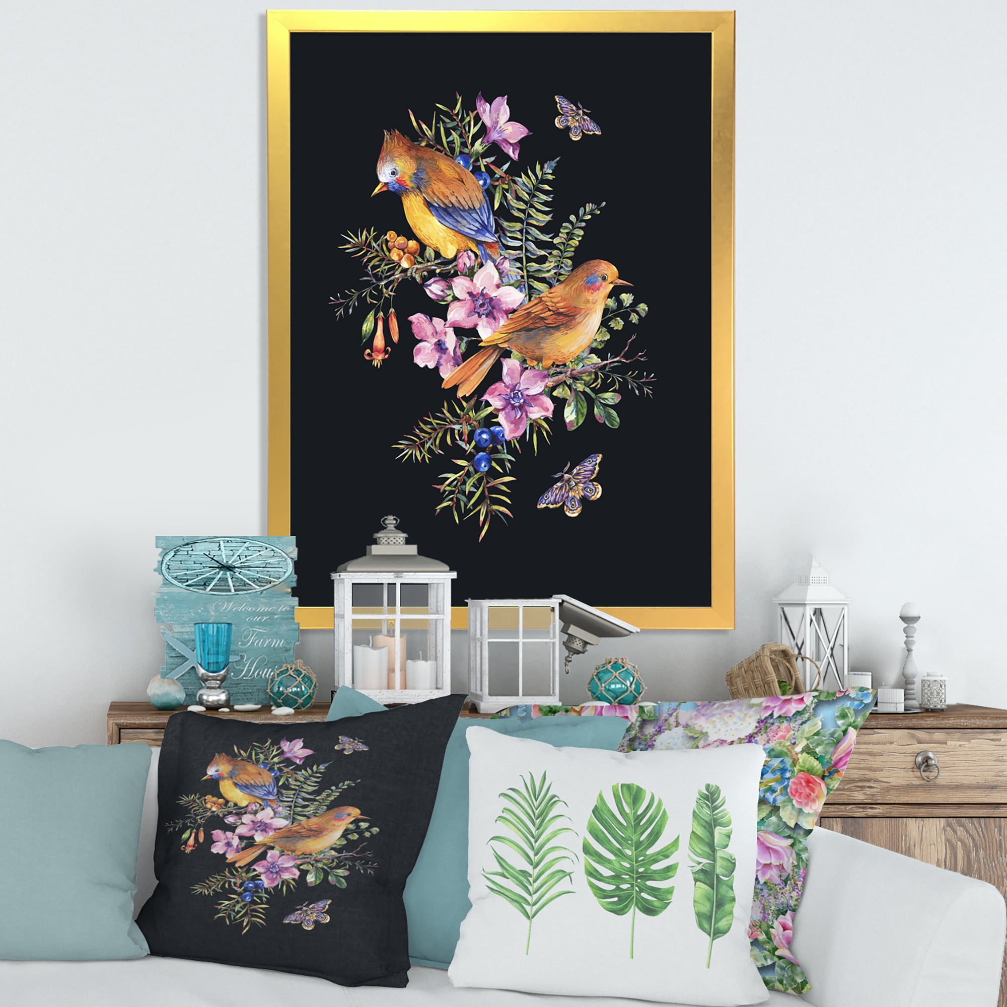 Designart 'Little Bird Sitting On Colourful Bouquet Of Wildflowers II' Traditional Framed Art Print
