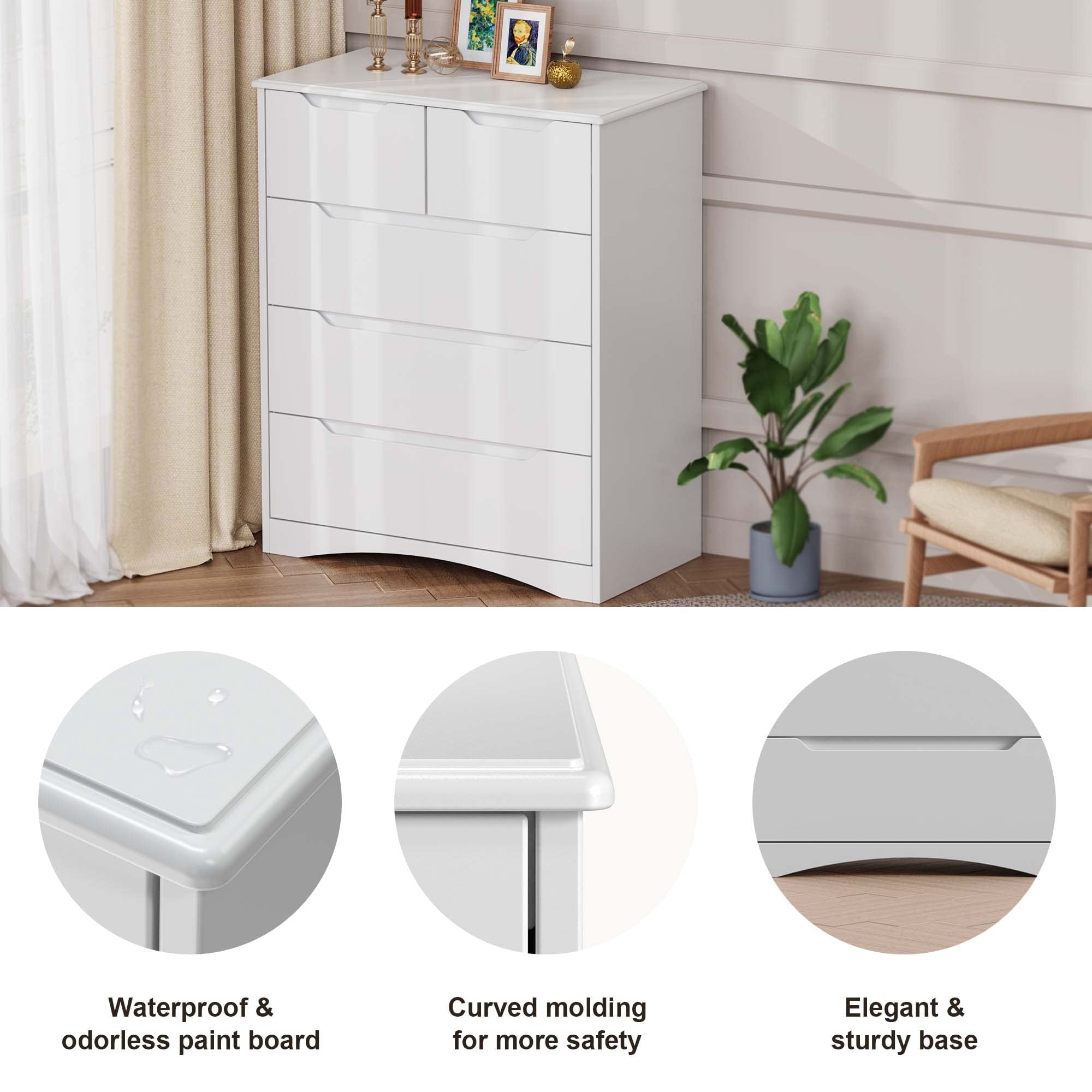 Dresser, Lofka 5 Drawer Dresser for Bedroom with Cutout Handle and Wooden Board, White