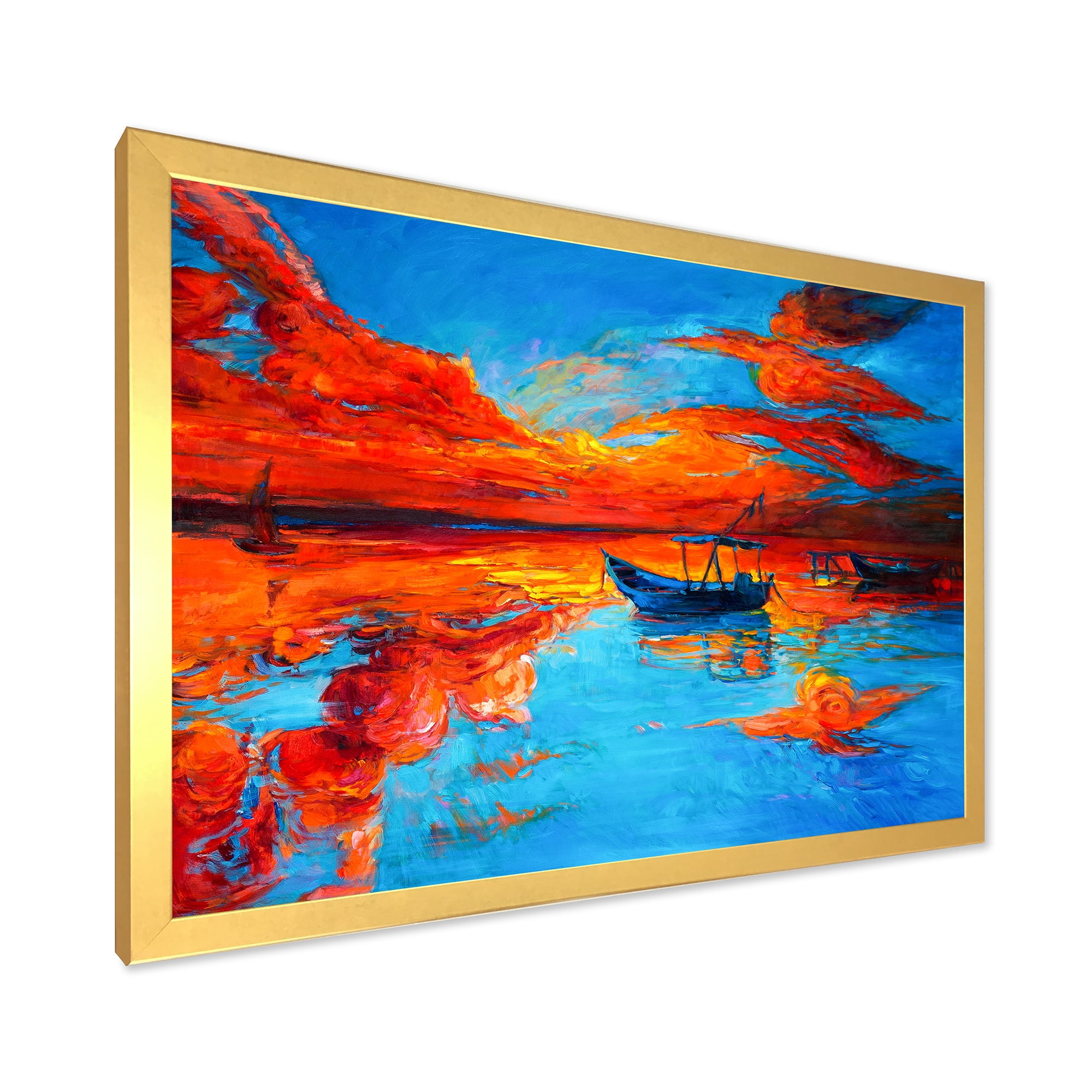 Boats During Warm Sunset Resting On The Water VI 40 in x 30 in Framed Painting Canvas Art Print, by Designart