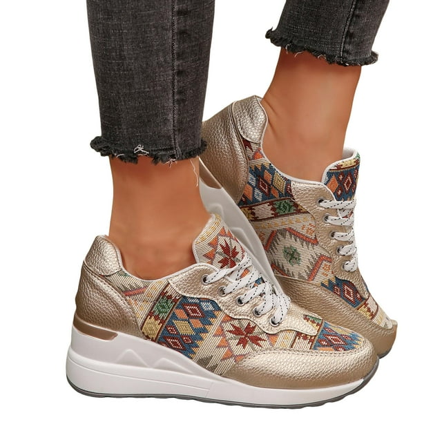 Espadrilles à Talons Compensés Ethniques pour Femmes, Espadrilles Mode Boho en Toile, Rehaussantes, Chaussures de Marche, Chaussures Décontractées d'Automne pour la Plage
