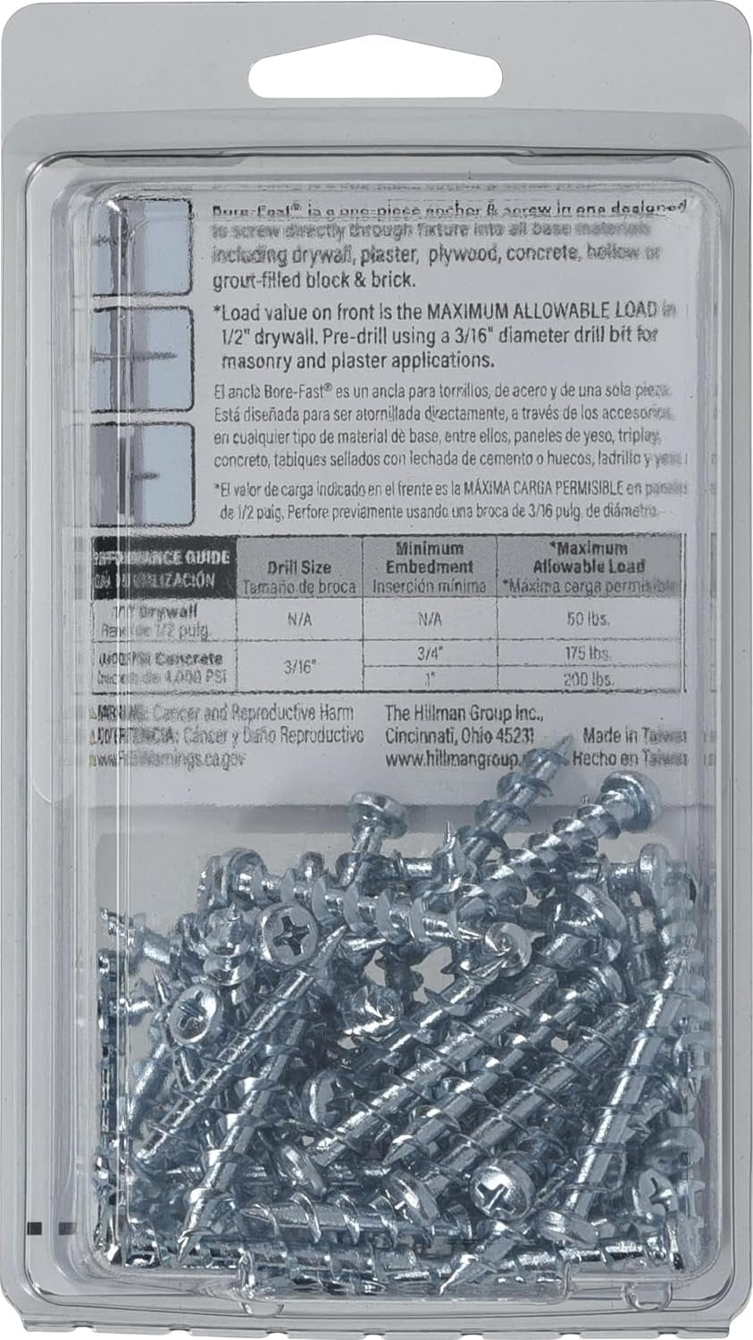 Hillman Borefast Drywall Anchors - Steel, Screw-In, Reusable - 75 Count, Silver