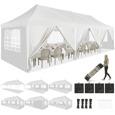 HOTEEL 10x30 Pop Up Canopy Tent with 8 Sidewalls Heavy Duty Wedding Event Tents Party Gazebo with Roller Bag UPF 50+ Windproof Waterproof White
