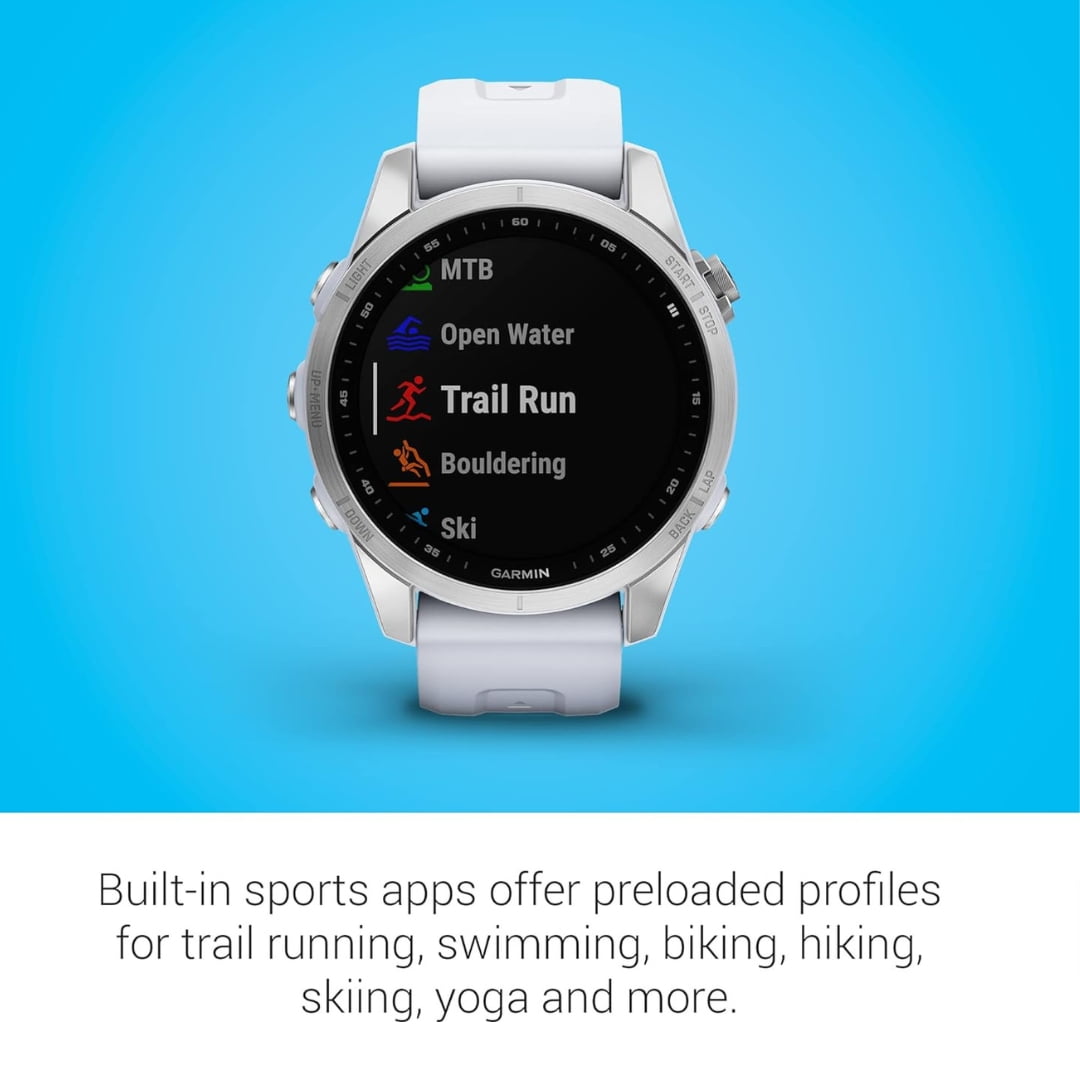Restored Garmin Fenix 7S GPS Smartwatch Touchscreen Silver with Whitestone Band (Refurbished)