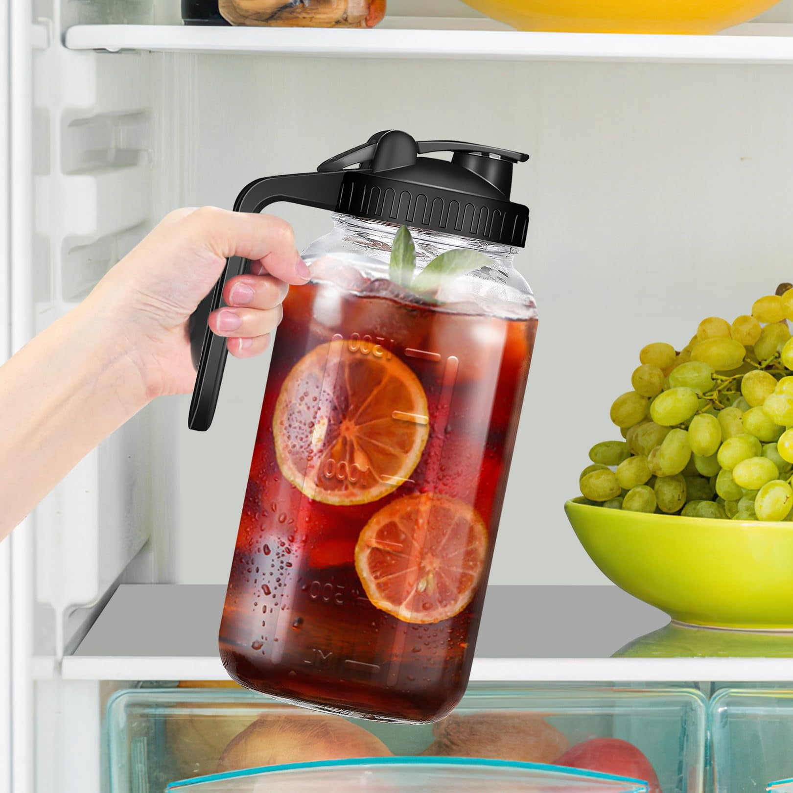 3 Pack 64oz Glass Mason Jar Pitchers with Lids,Sun Tea Pitchers for Outside,Ice Tea Pitcher for Fridge,2 Quart Pitcher for Cold Brew,Breast Milk,Lemonade,Coffee,Flavored Water,Airtight Lids(Black)