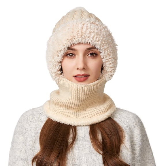 3 in 1 Beanie Hat For Women, Upgrade 3 in 1 Beanie Hat with Scarf and Mask, Fall Winter Warm Knitted Ski Scarf and Mask Set (Beige)