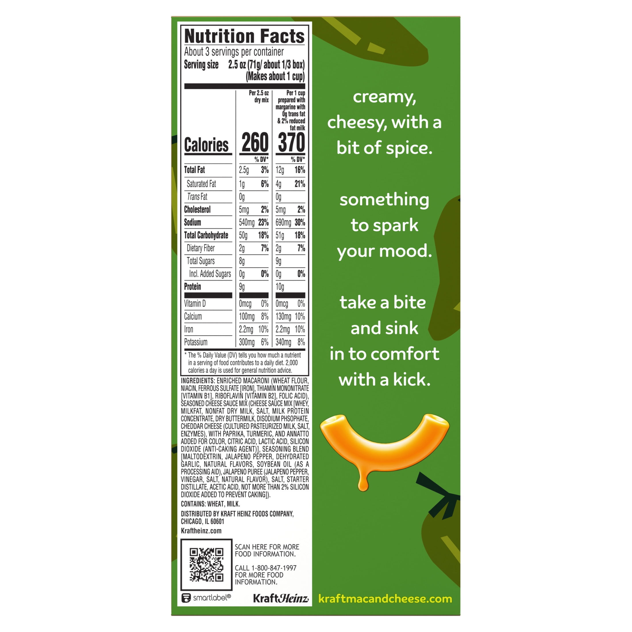 Kraft Mac and Cheese, 1 Box, for Easy Dinner or Dinner Sides, Jalapeño Flavored with Other Natural Flavors, No Artificial Flavors, Preservatives or Dyes, 7.25 oz