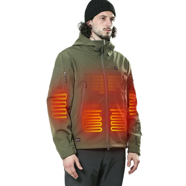 DEWBU Heated Jacket with 12V Battery Pack Winter Outdoor Soft Shell Electric Heating Coat, Men's Olive Green, M