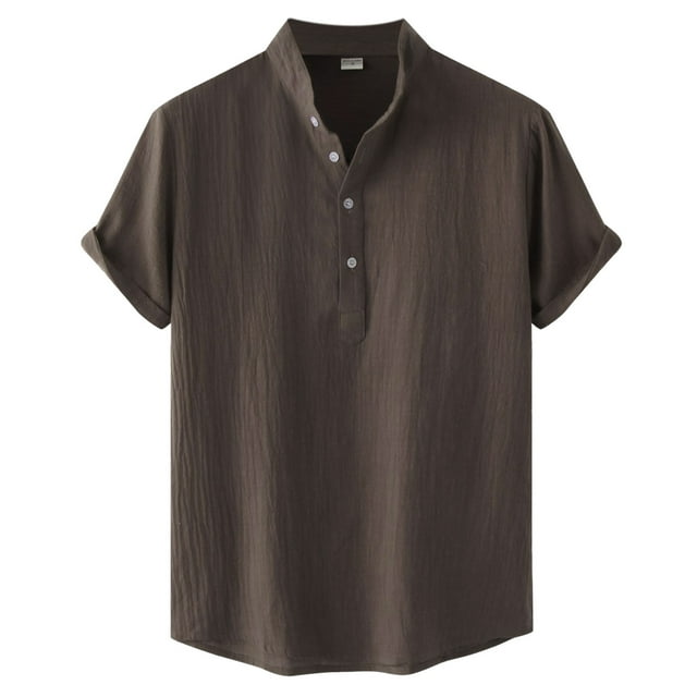 Men Casual Shirt Top in Solid Pattern for Everyday Wear Comfortable Loose Short Sleeve Button-Front Stand Collar Top for Men Versatile Standalone Style
