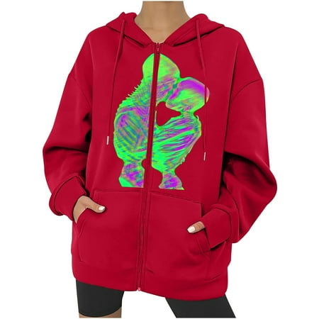 

Trench Coats for Women Puffer Jacket Womens Women s Print Zipper Loose Punk Hooded Jacket Coat Hoodies Sweatshirts Coat Long Cardigans for Women New Arrival Womens Jacket Red XL