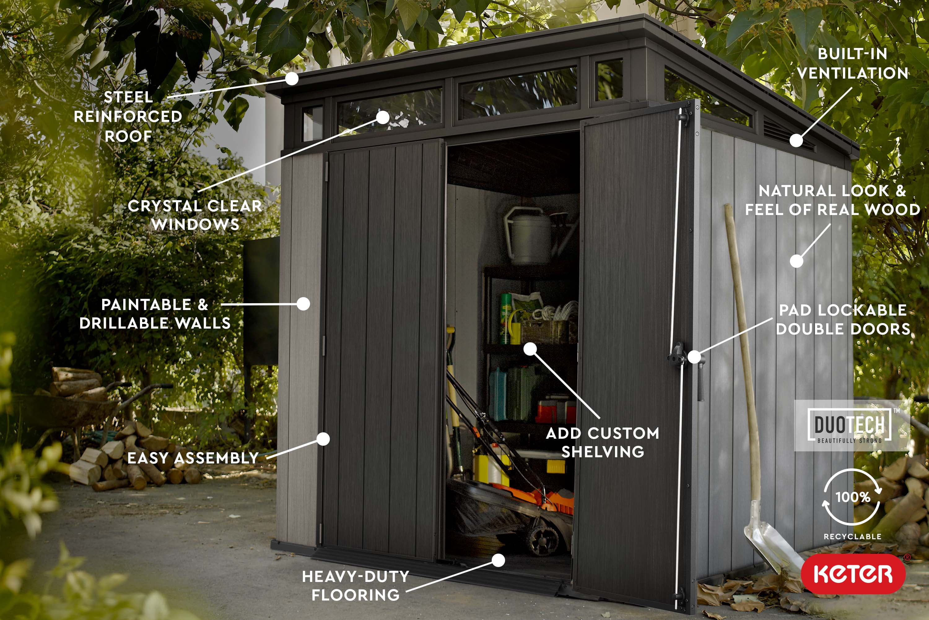 Keter Artisan 7 x 7’ Outdoor Shed for Garden Accessories and Tools, Gray