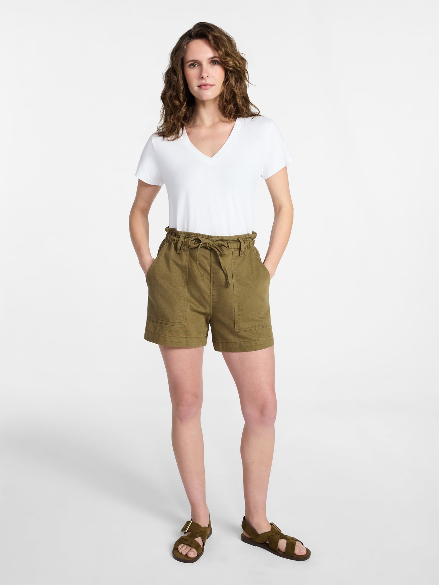 Time and Tru Women's Slub V Neck Tee with Short Sleeves, Sizes XS-XXXL