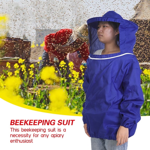 Riousery Professional Beekeeping Protective Jacket Suit Blue Unisex Beekeeper Equipment Pullover with Round Veil Hat, Lightweight Polyester (16.14 inches / 41 cm)