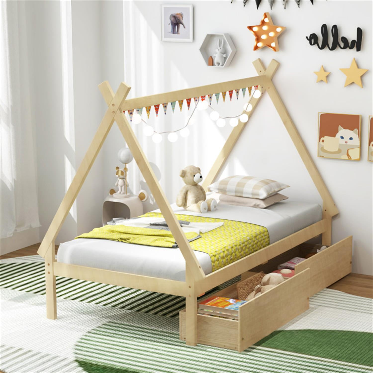 Demi Bonn Twin Size Wooden Tent Platform House Bed Frames with 2 Drawers for Teens, Beige