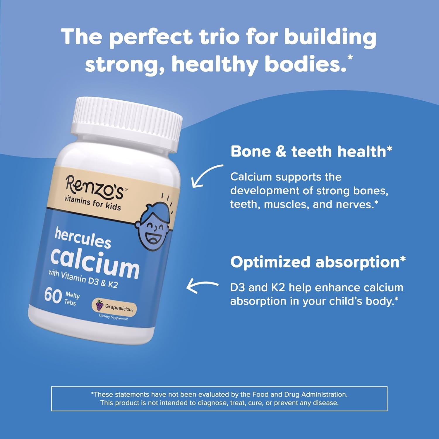 (3 pack) Renzo's Hercules Calcium Supplement with Vitamin D3 & K2 - Dissolving Kids Vitamins - 60 Grape-Flavored Melty Tabs