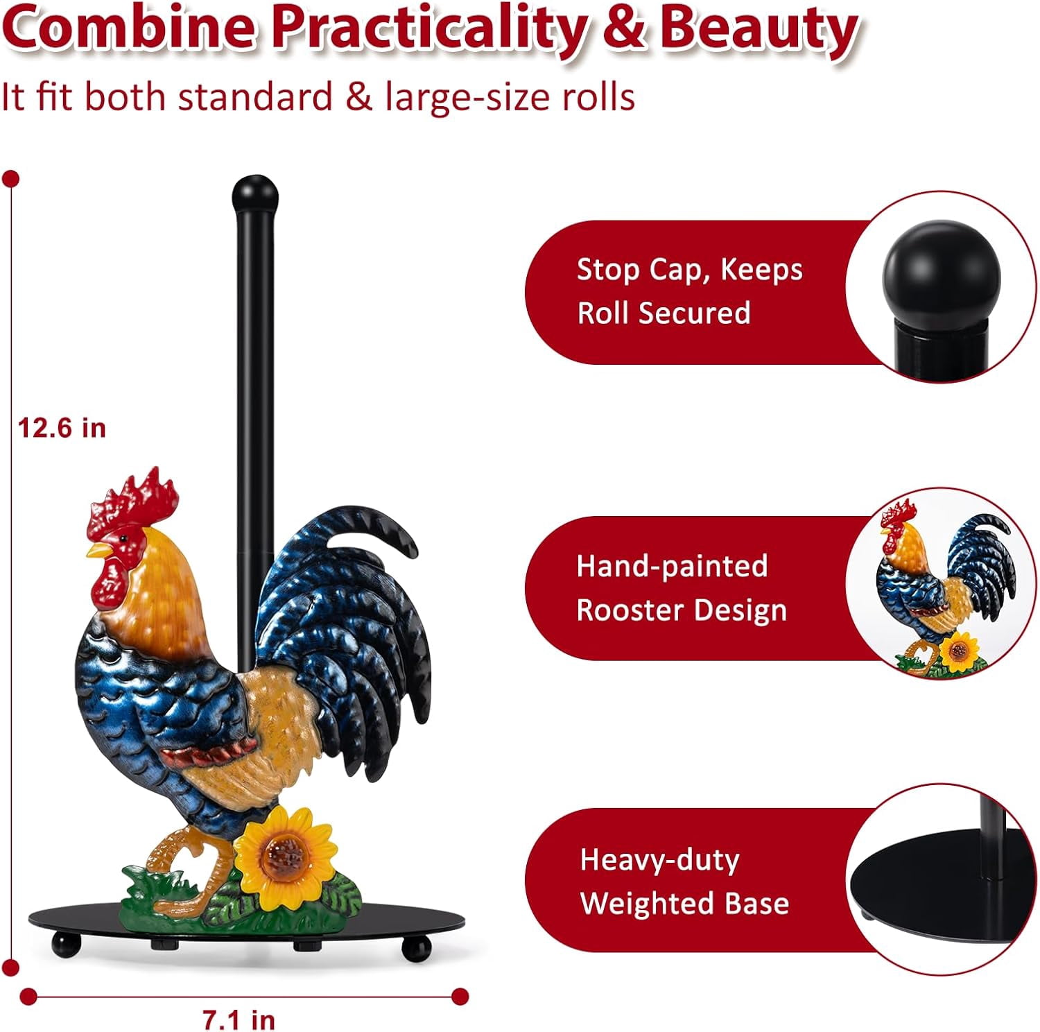 ThrottleT - Rooster Paper Towel Holder Countertop - Sunflower & Chicken Farmhouse Kitchen Decor and Accessories, Rustic Housewarming Gift for Rooster & Farmhouse Enthusiasts, Weighted Base