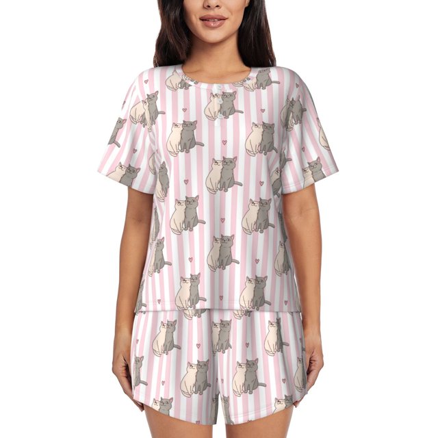 Balery Heart Cat Conjunto de Pijama para Mujer con Estampado, Dos Piezas de Manga Corta y Shorts, Ropa de Dormir Suave con Cuello Redondo y Bolsillos-Small