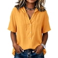 thumbnail image 5 of Feancey Womens Cotton Linen Hooded Shirt Short Sleeve Button Down Blouses Summer Casual Lightweight Hoodie Tops with Drawstring Yellow L, 5 of 8