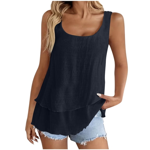 Staron Spring Summer Women's Casual Double Layer Strappy Tank Top Sleeveless Basic Fashion Loose Fit T-Shirt, Navy XXL