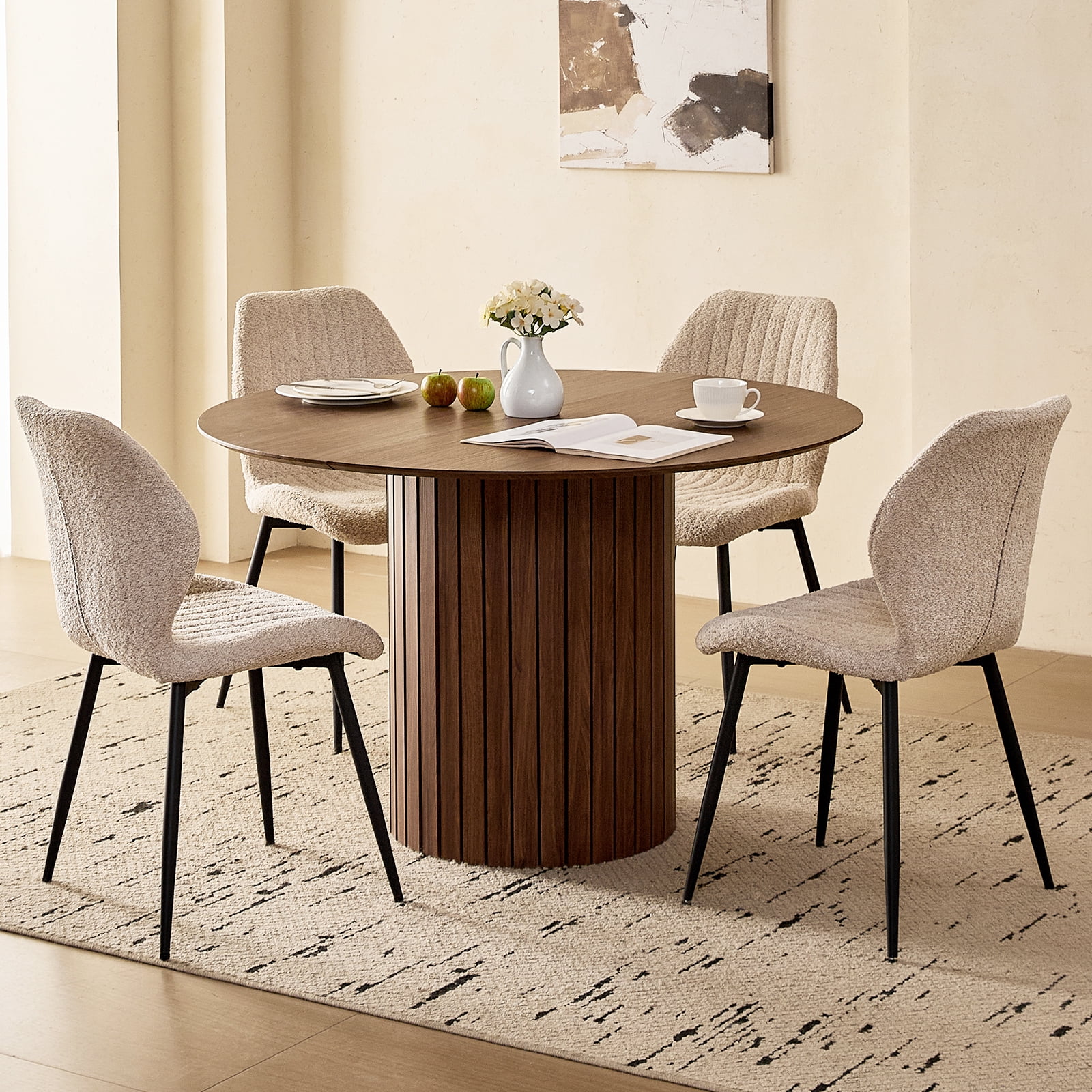 47" Round Dining Table Set of 4, Wood Kitchen Table with 4 Beige Boucle Dining Chairs