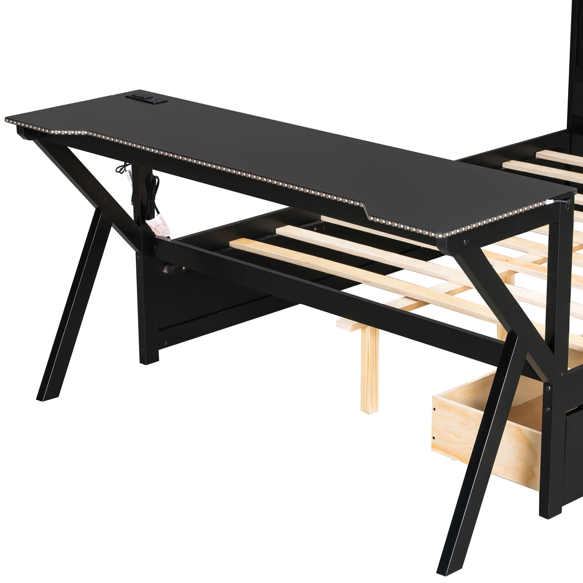 Euroco Wood Full Size Platform Bed with Drawers, Gaming Bed with Desk, LED Light and USB Charging Station, Black