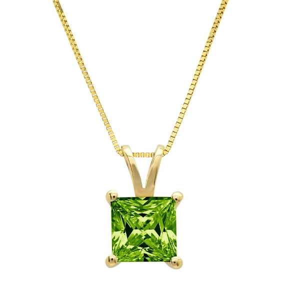 3.0 ct Brilliant Princess Cut Solitaire Natural Peridot 14k Yellow Gold Pendant with 18" Chain